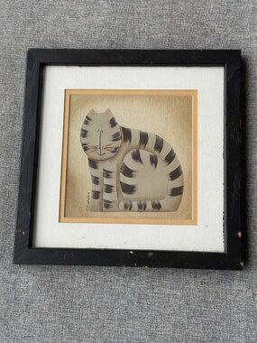 Fiddlestix Cat Folk Art Framed Gray Black Wall Hanging Decor Cat Lover Gift